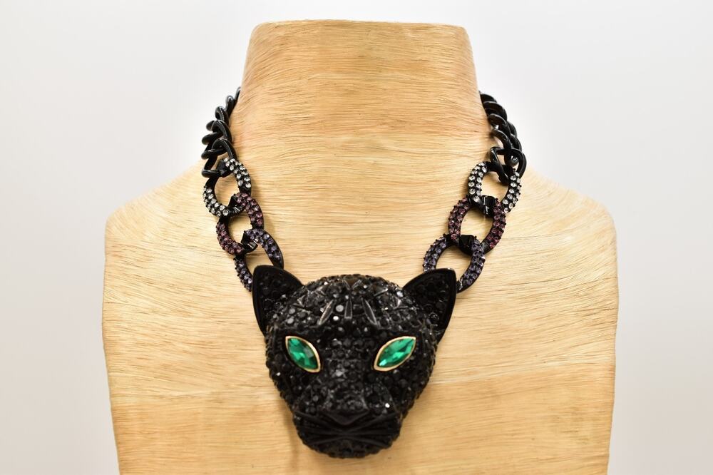 Betsey Johnson Black Panther Cat Rhinestone Statement Necklace Chunky NWT BinBM